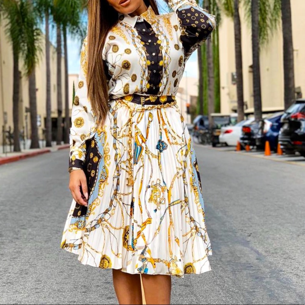 Zara chain print pleated midi skirt +blouse size s